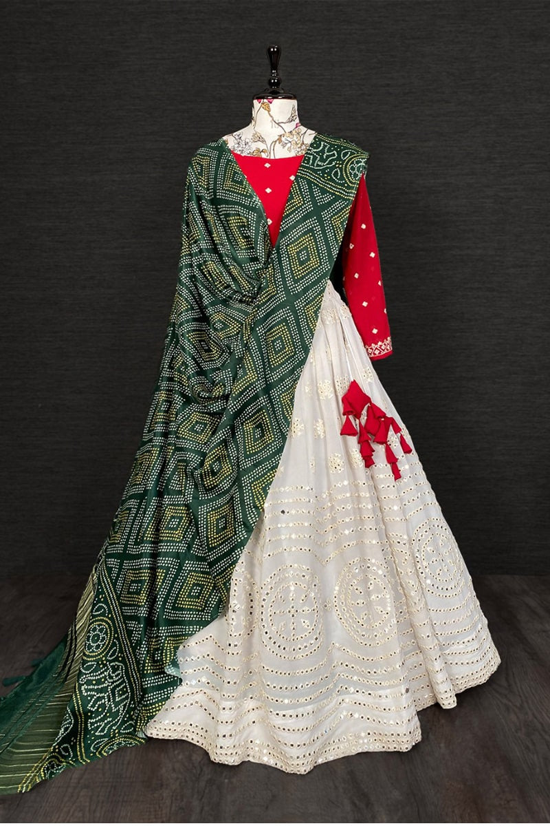 Prachi White Paper Mirror Embroidery Work Lehenga Choli