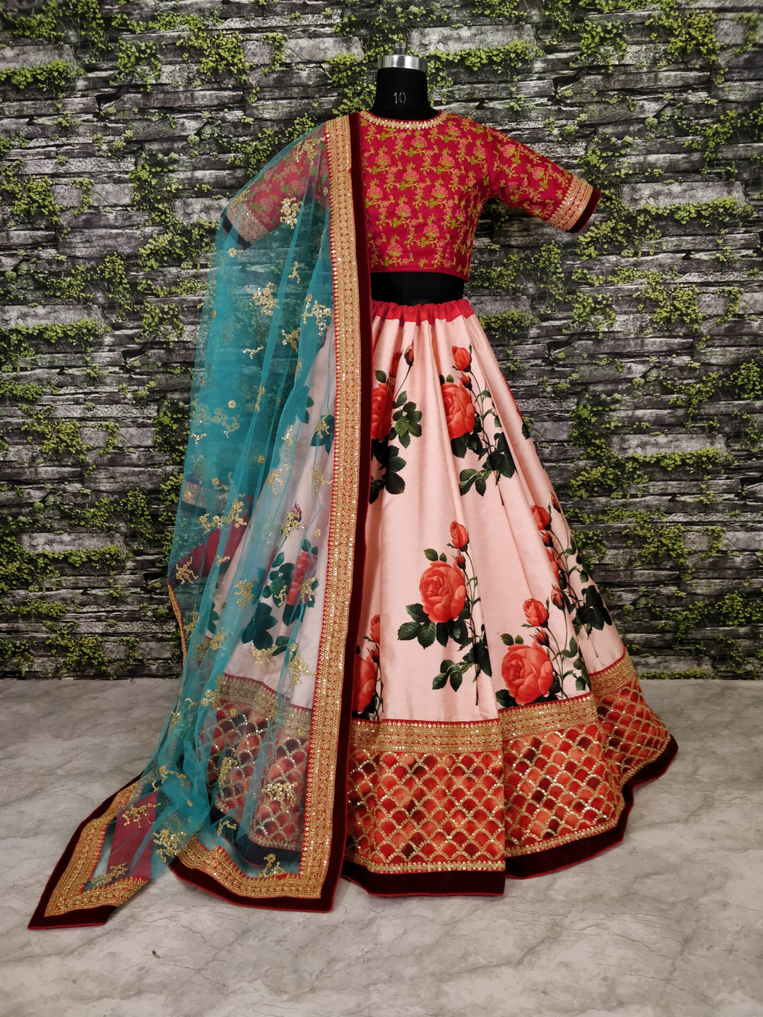 Peach Art Silk Rose Floral Designer Lehenga Choli