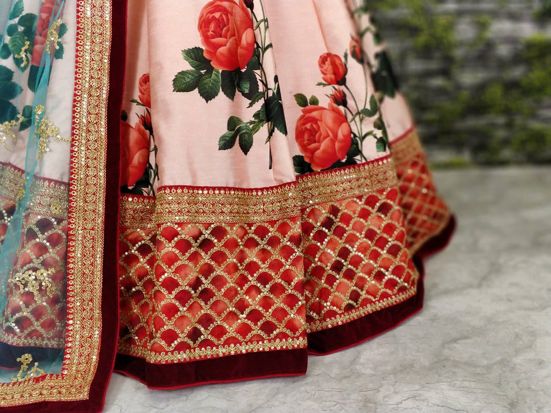 Peach Art Silk Rose Floral Designer Lehenga Choli
