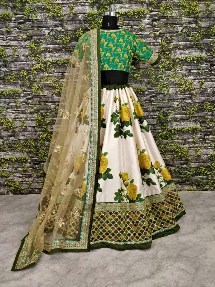 Off White Art Silk Rose Floral Designer Lehenga Choli