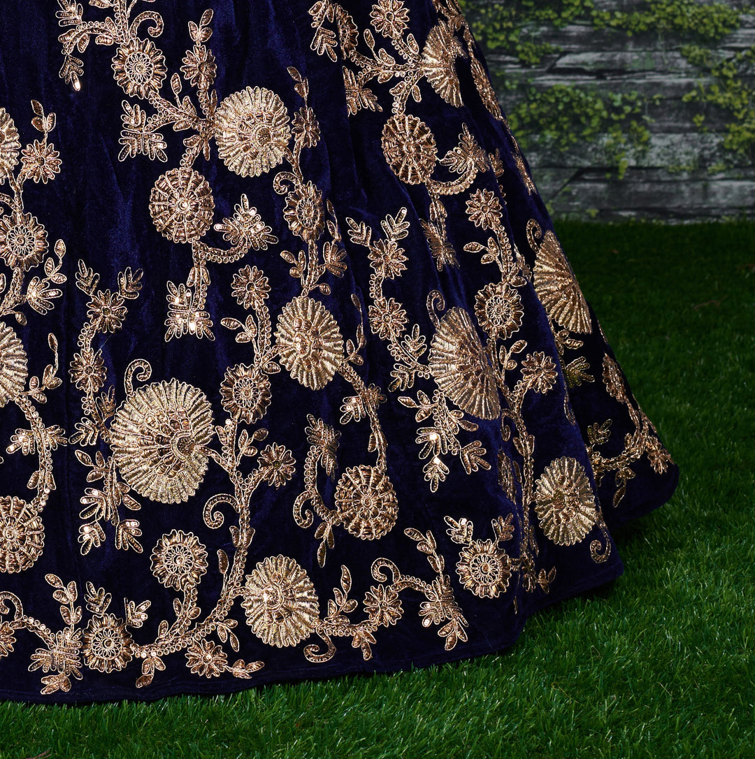 Navy Blue Silk Velvet Designer Lehenga Choli