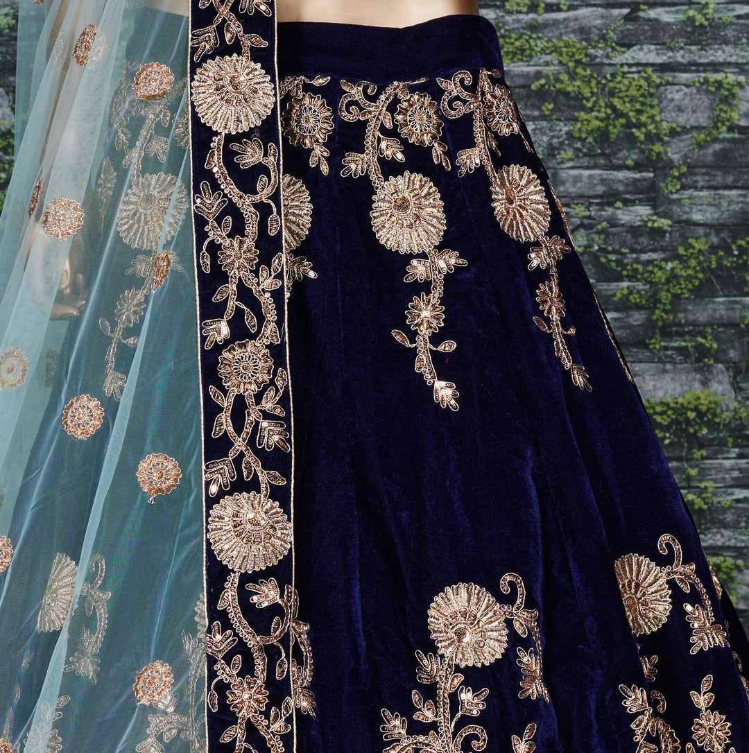 Navy Blue Silk Velvet Designer Lehenga Choli