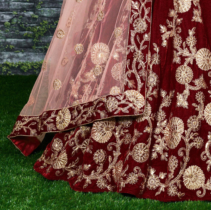 Maroon Silk Velvet Designer Lehenga Choli