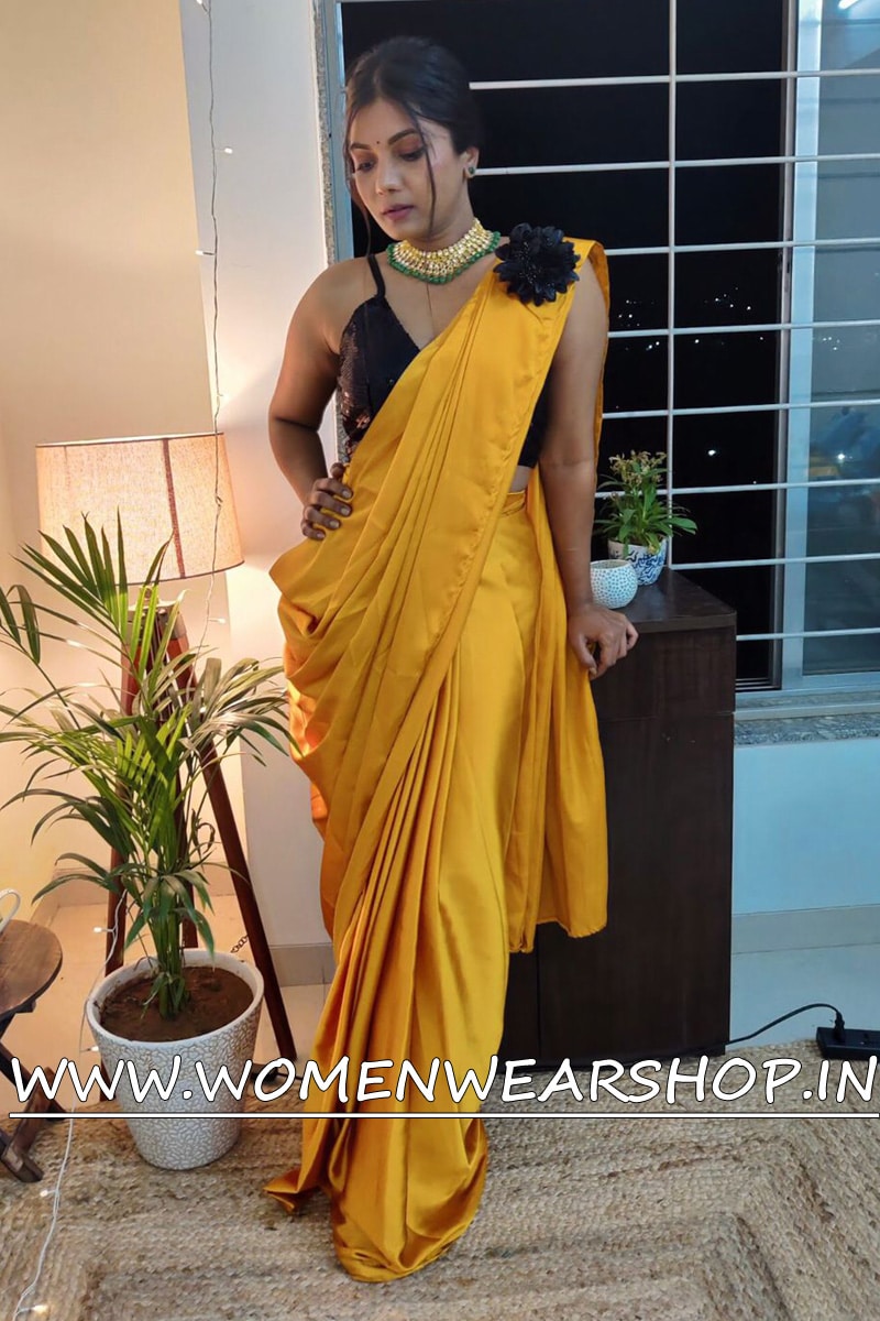 Mustard Yellow Designer Embroidered Silk Party Wear Saree - S | Party wear  sarees, Party wear, Saree