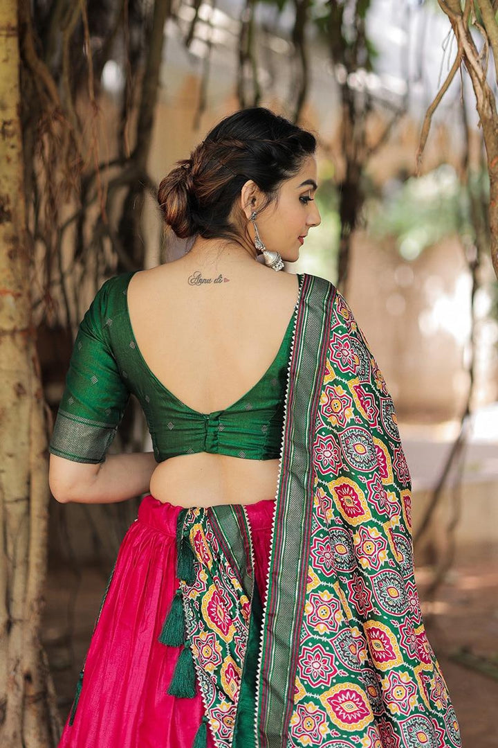 Awesome Pink And Green Printed Dola Silk Lehenga Choli