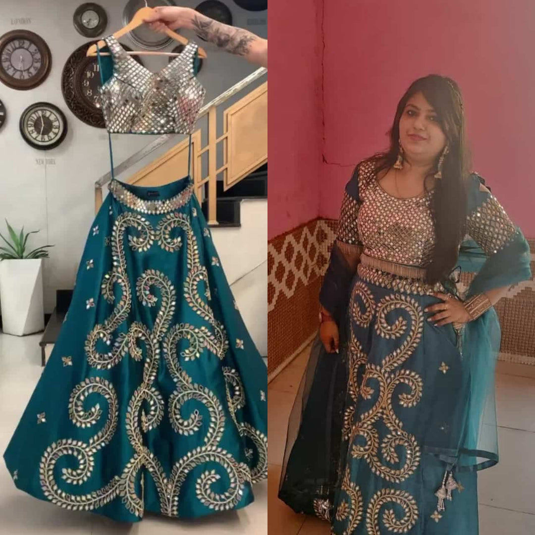 Teal Blue Mirror Work Taffeta Silk Party Lehenga Choli With Dupatta