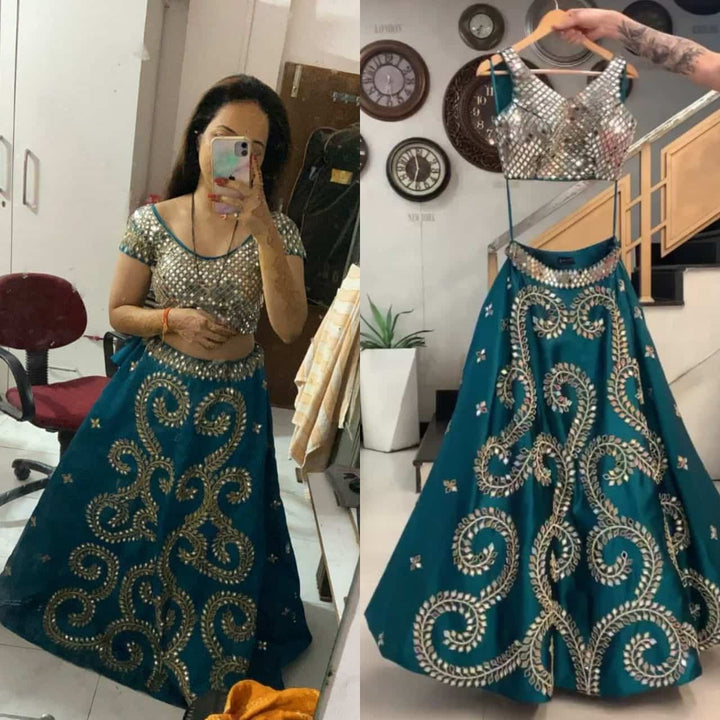 Teal Blue Mirror Work Taffeta Silk Party Lehenga Choli With Dupatta