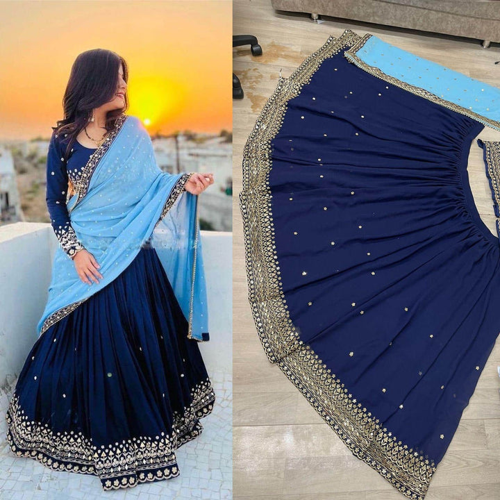 Designer Soft Georgette Embroidery Blue Lehenga Choli