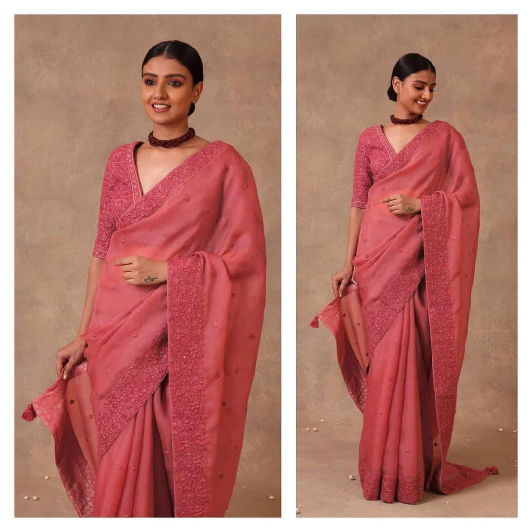 Elegant Peach Pink Georgette Thread With Sequence Work Saree